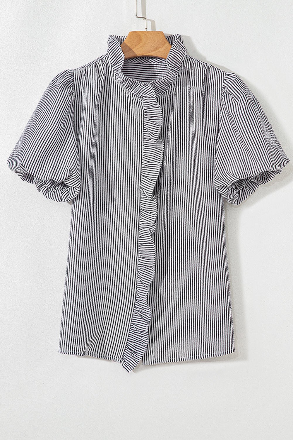 White Striped Bubble Sleeve Ruffle Shirt - MAD RUFFI