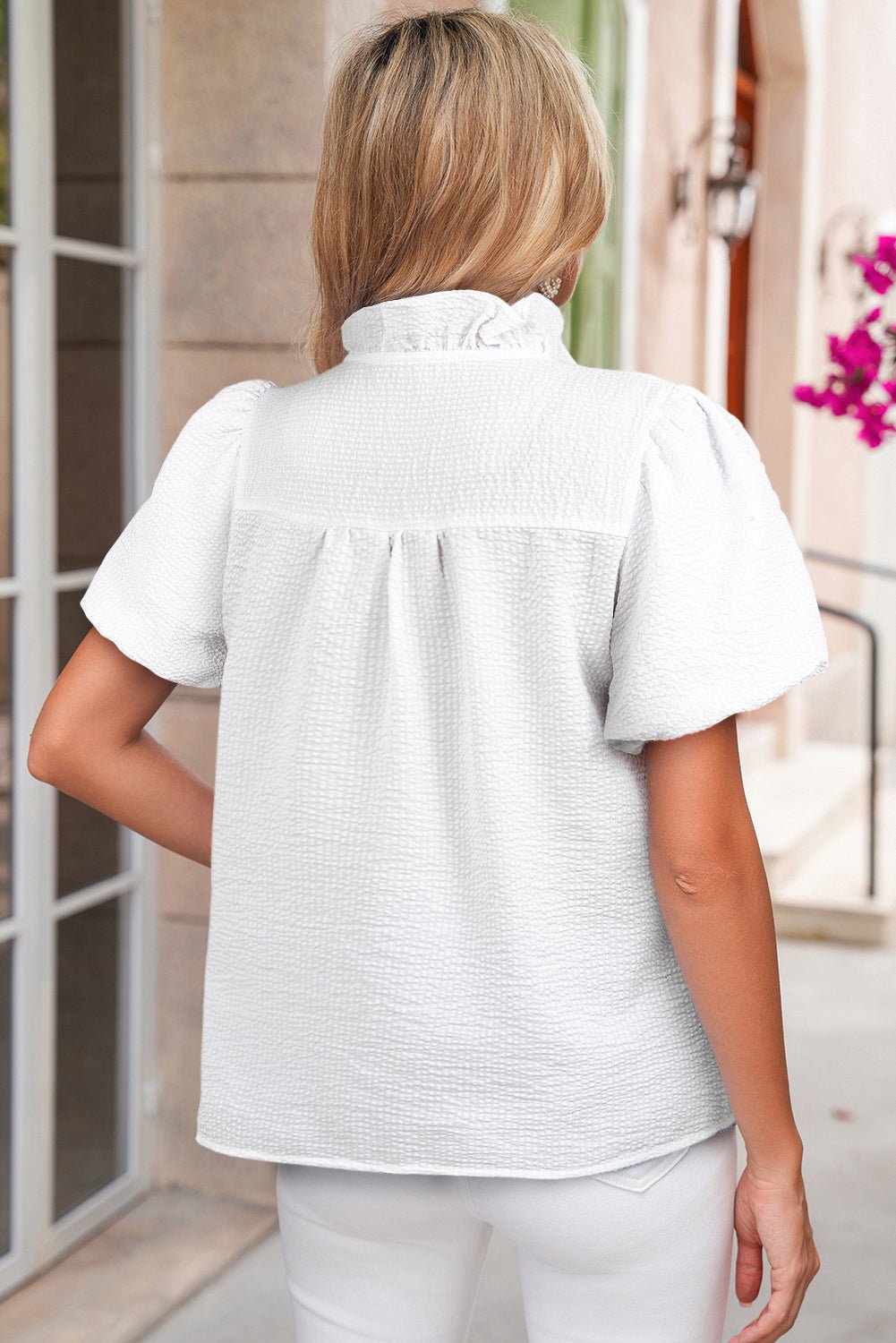 White Striped Bubble Sleeve Ruffle Shirt - MAD RUFFI