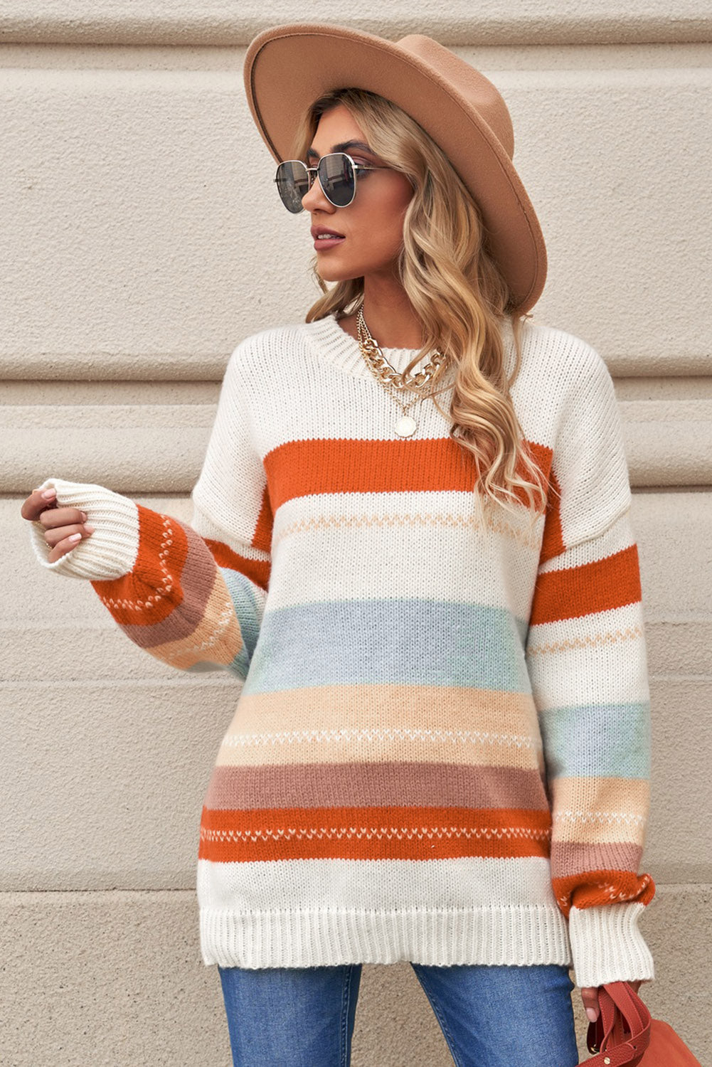 White Striped Color Block Drop Shoulder Knit Sweater - MAD RUFFI