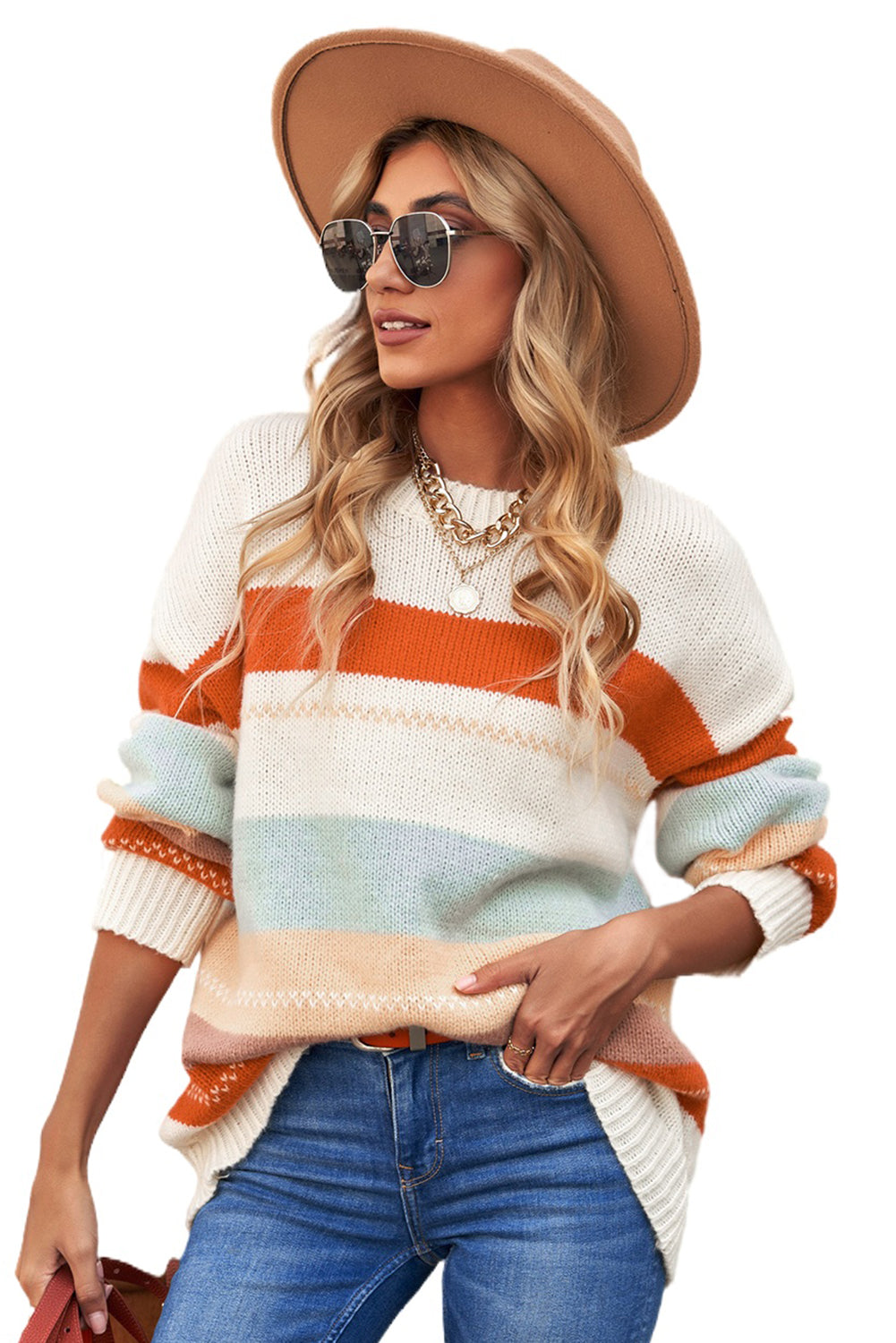 White Striped Color Block Drop Shoulder Knit Sweater - MAD RUFFI