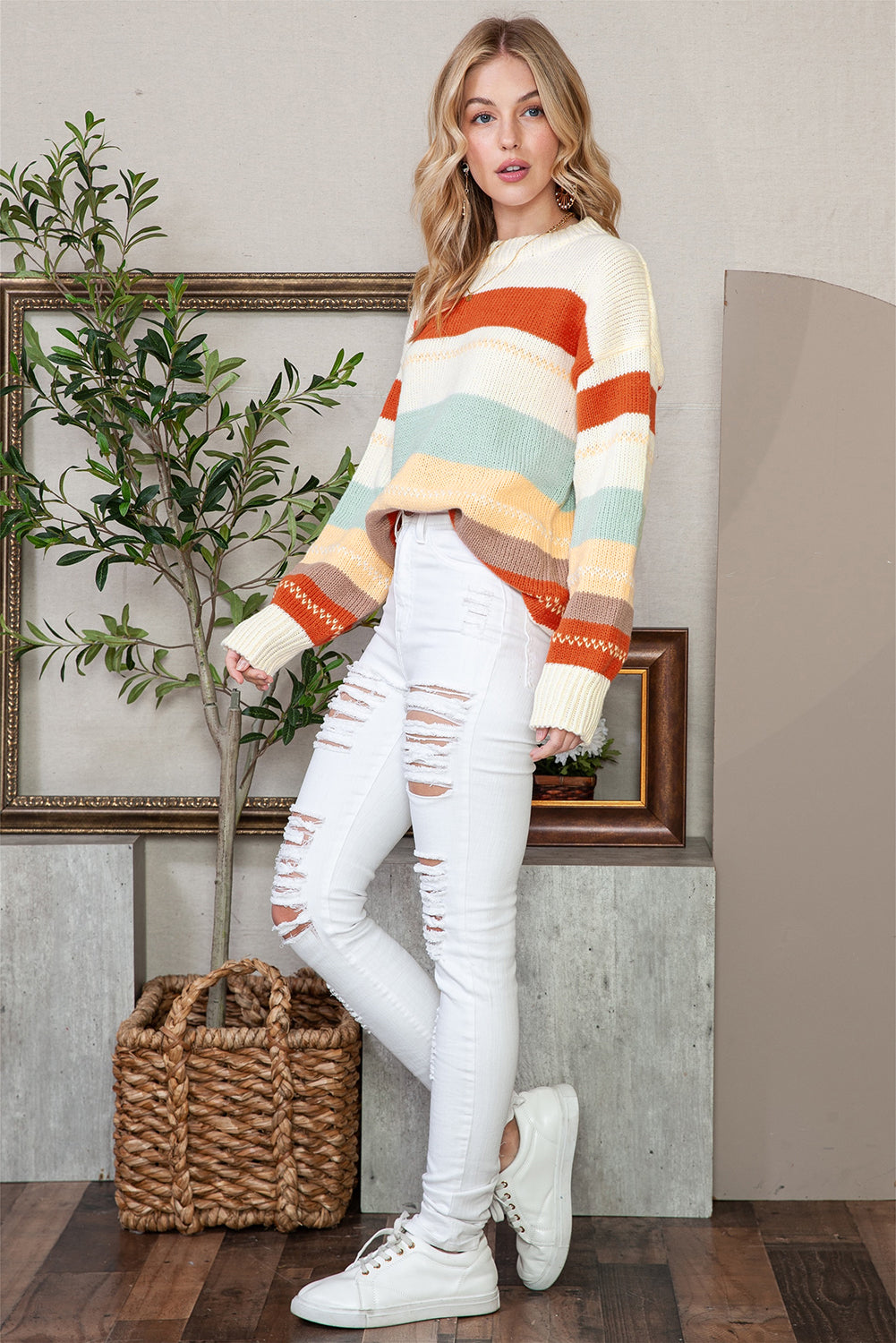 White Striped Color Block Drop Shoulder Knit Sweater - MAD RUFFI