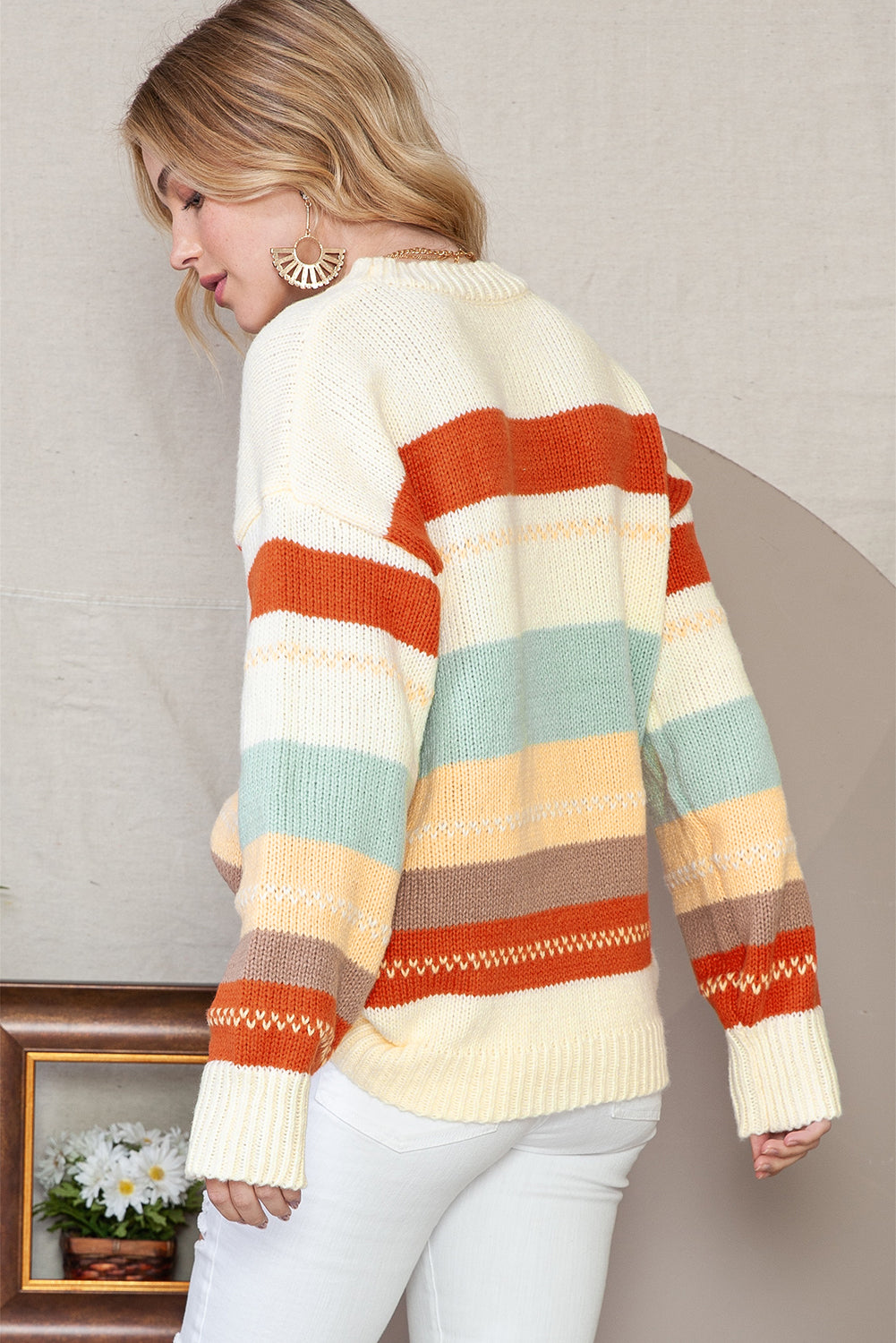 White Striped Color Block Drop Shoulder Knit Sweater - MAD RUFFI