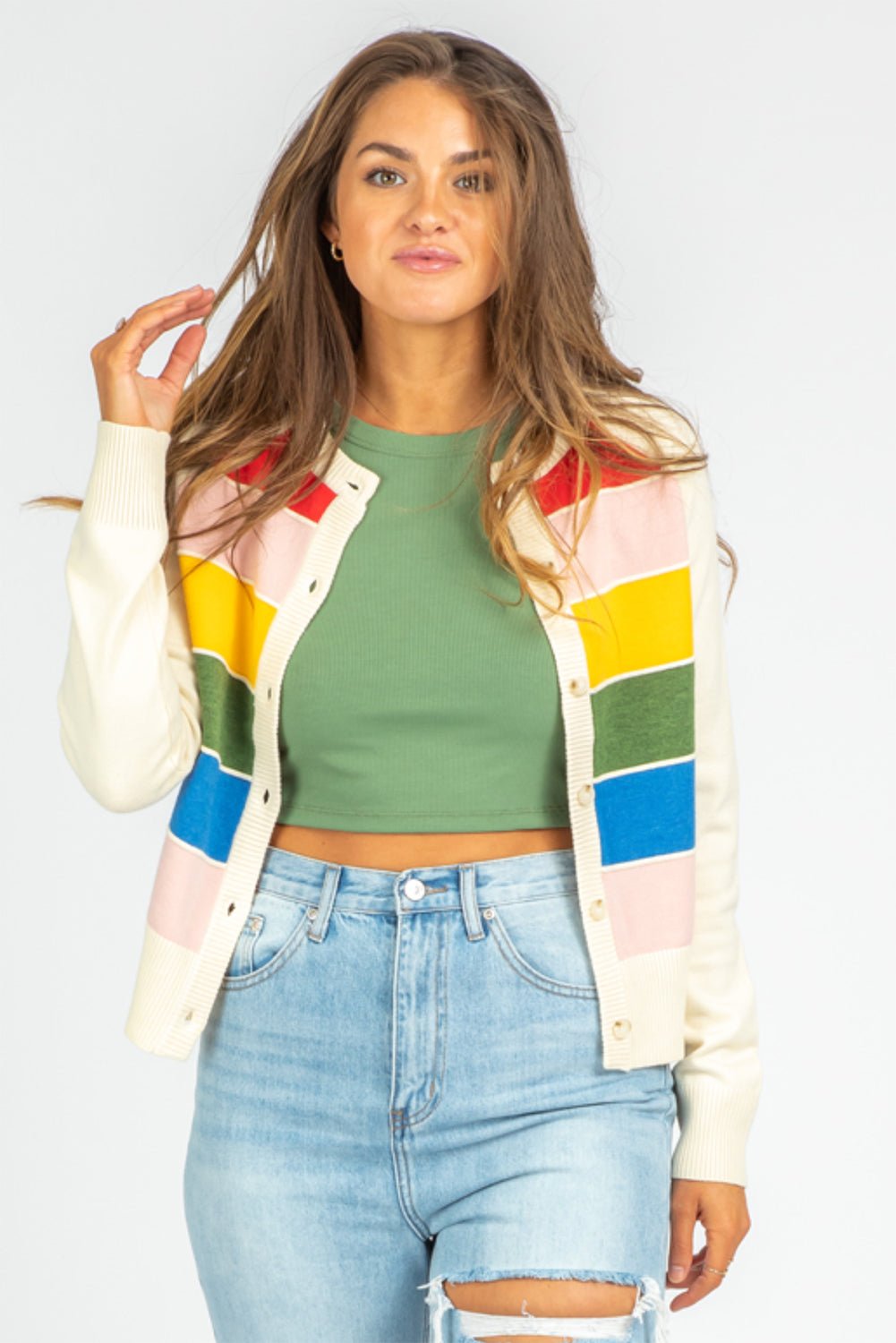 White Striped Colorblock Button Front Knit Cardigan - MAD RUFFI