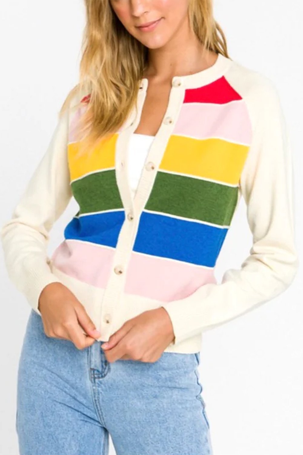 White Striped Colorblock Button Front Knit Cardigan - MAD RUFFI