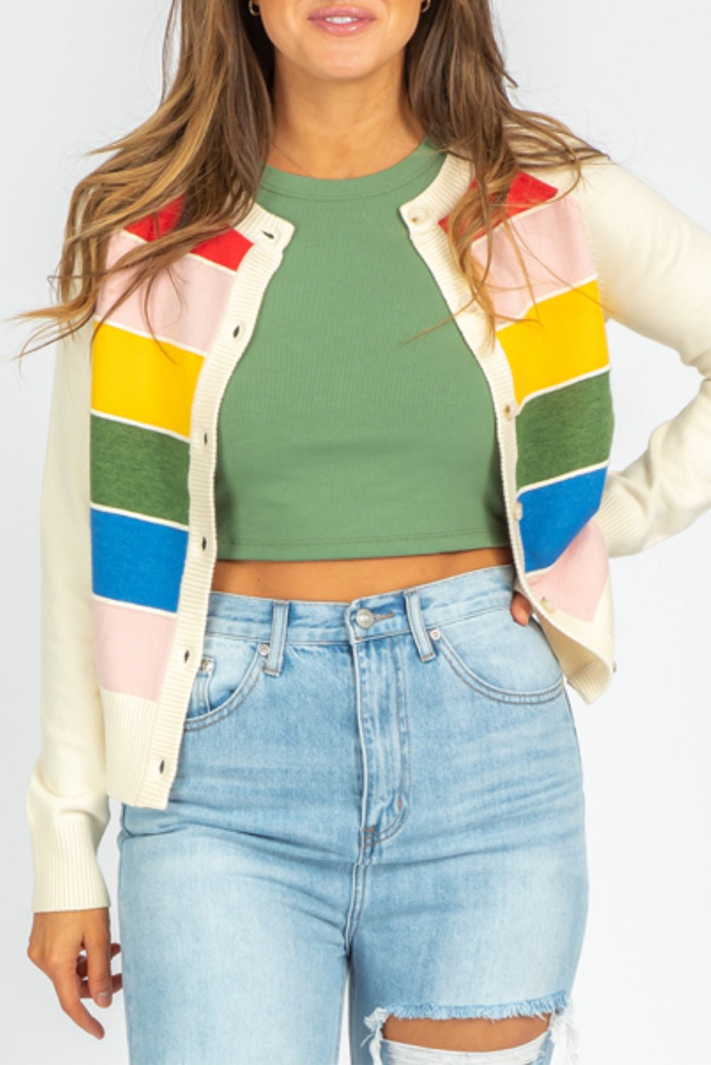 White Striped Colorblock Button Front Knit Cardigan - MAD RUFFI