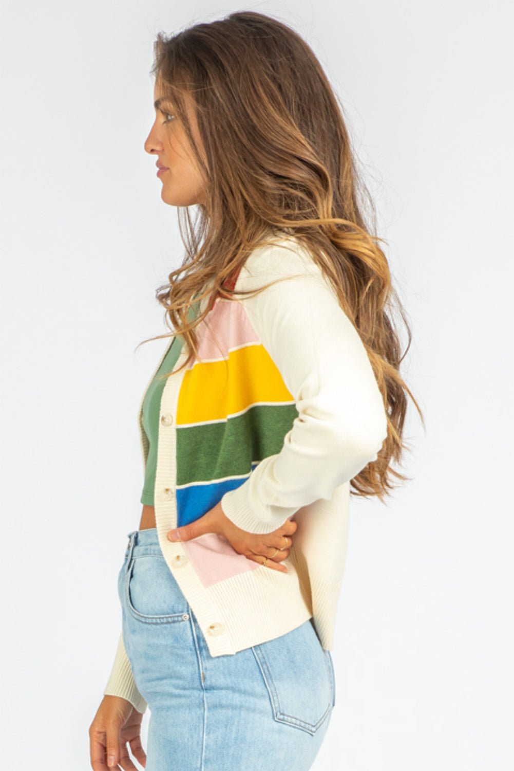 White Striped Colorblock Button Front Knit Cardigan - MAD RUFFI