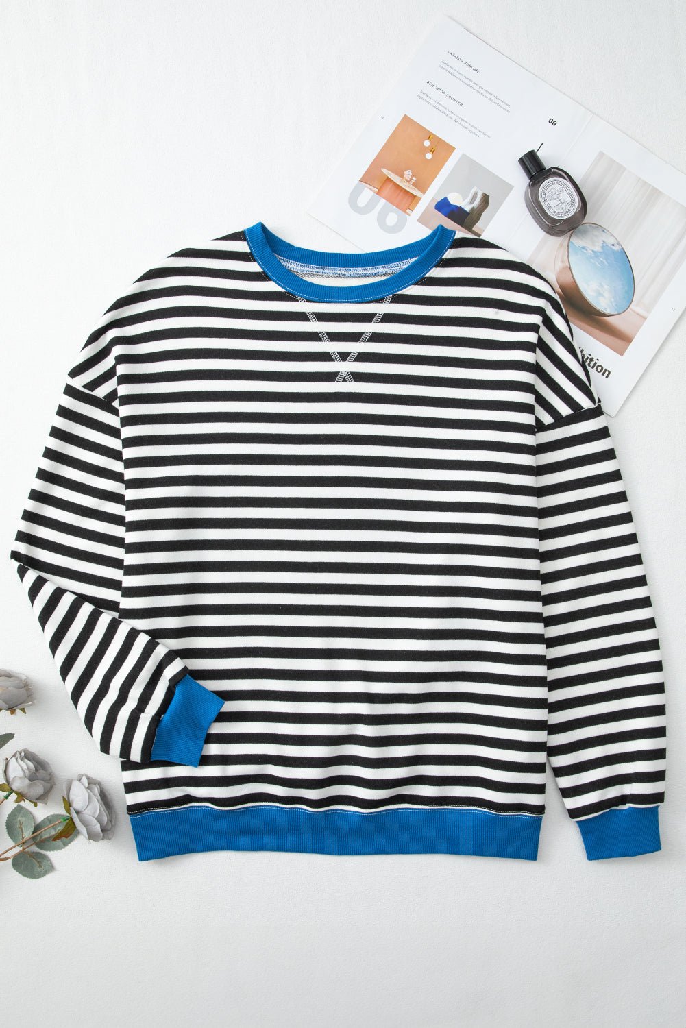 White Striped Contrast Trim Drop Shoulder Sweatshirt - MAD RUFFI