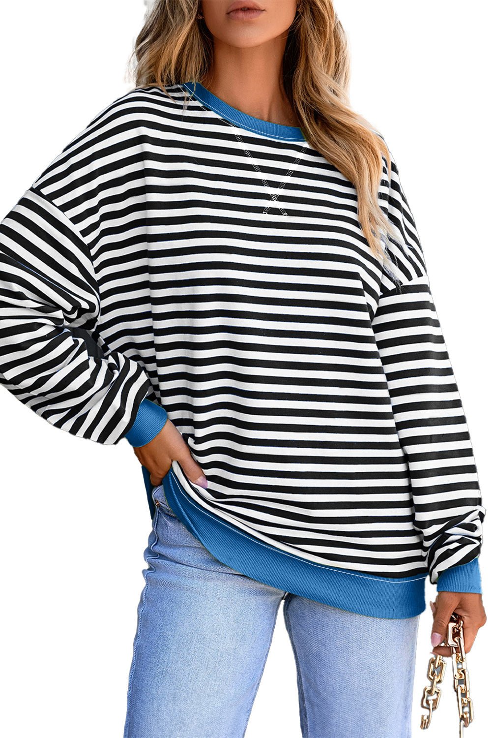 White Striped Contrast Trim Drop Shoulder Sweatshirt - MAD RUFFI