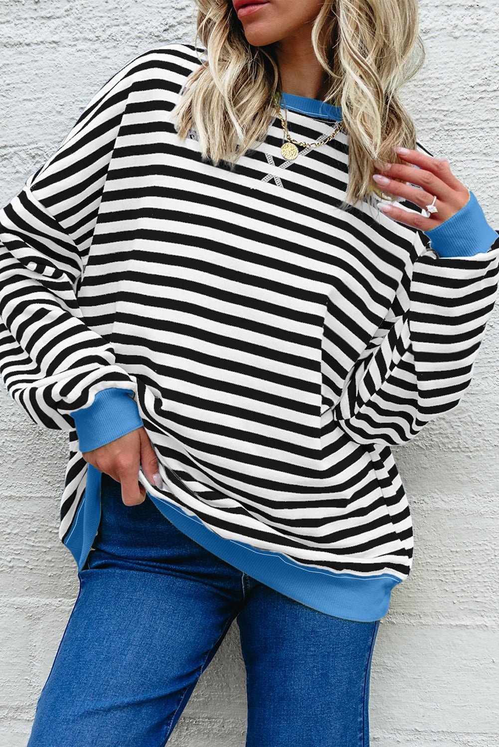 White Striped Contrast Trim Drop Shoulder Sweatshirt - MAD RUFFI
