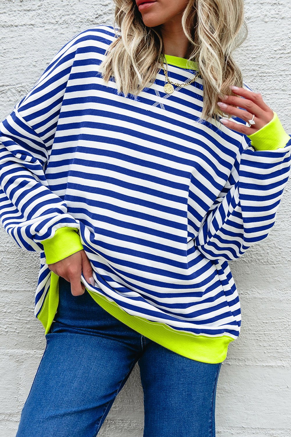 White Striped Contrast Trim Drop Shoulder Sweatshirt - MAD RUFFI
