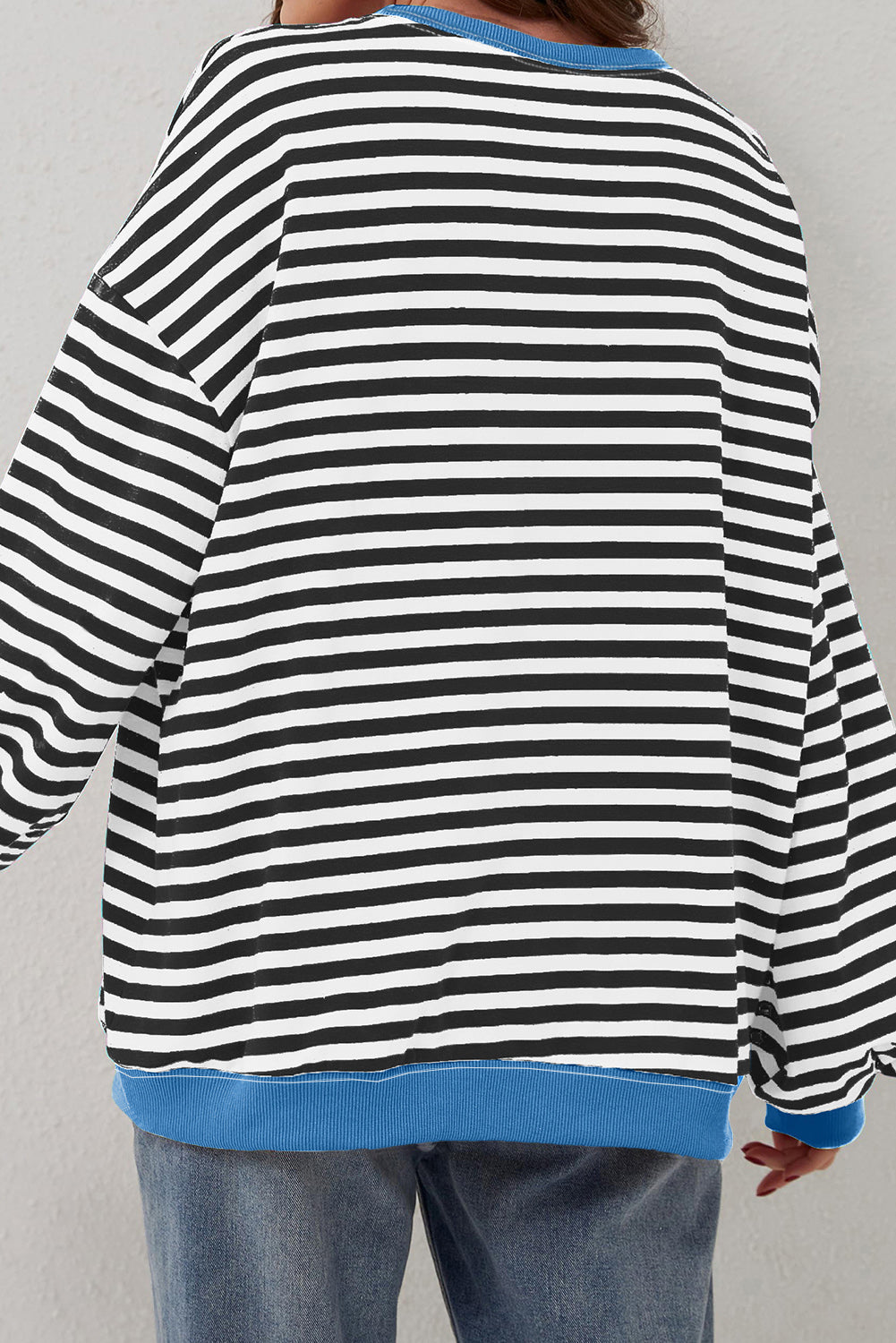 White Striped Contrast Trim Drop Shoulder Sweatshirt - MAD RUFFI