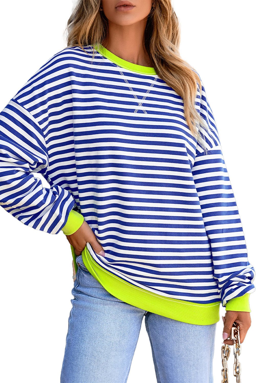 White Striped Contrast Trim Drop Shoulder Sweatshirt - MAD RUFFI