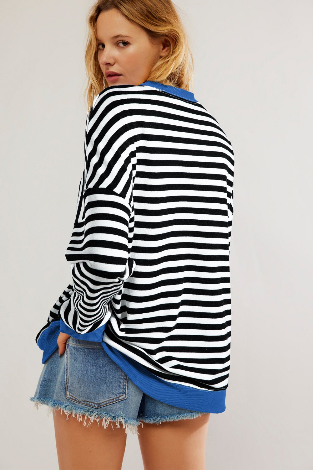 White Striped Contrast Trim Drop Shoulder Sweatshirt - MAD RUFFI