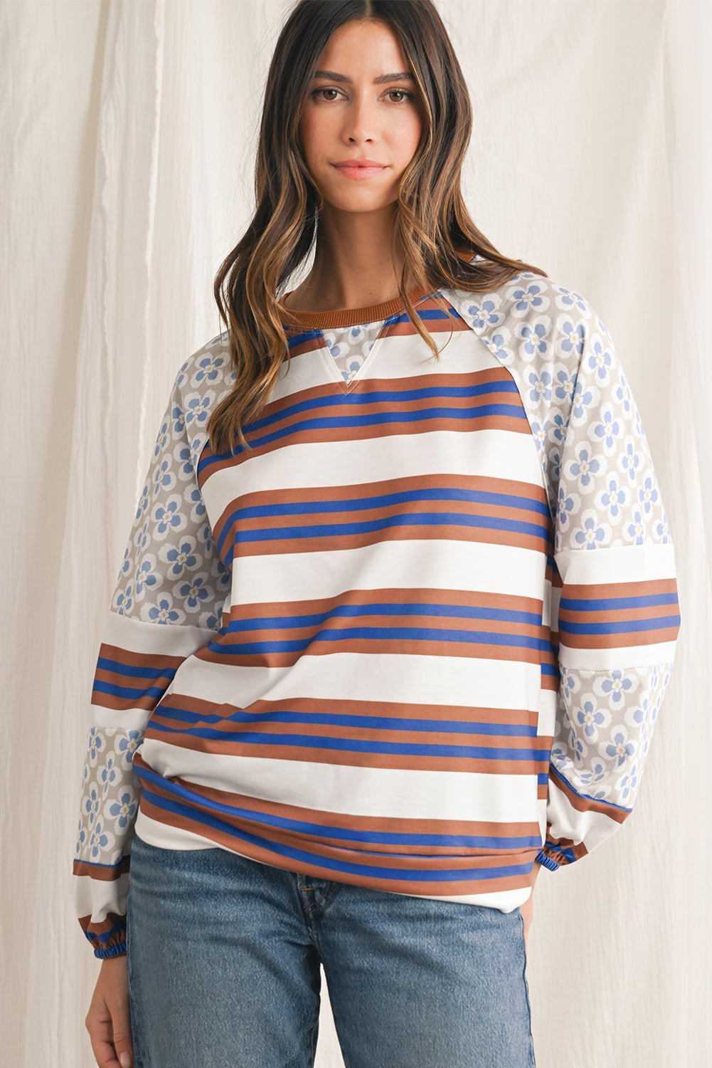 White Striped Floral Patchwork Lantern Sleeve Top - MAD RUFFI
