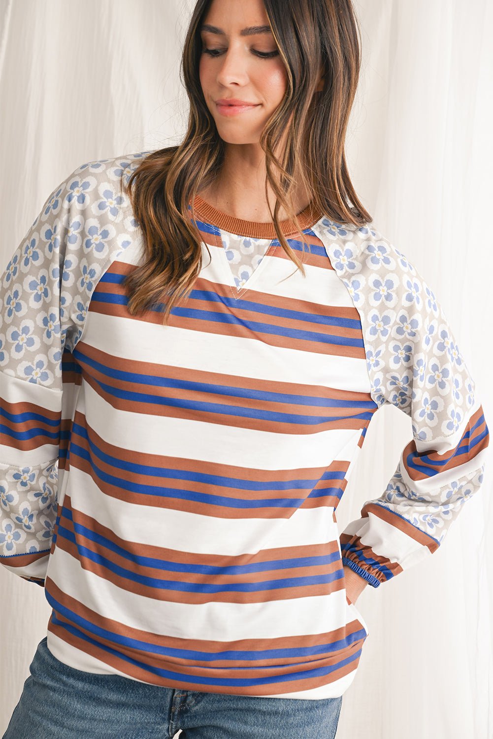 White Striped Floral Patchwork Lantern Sleeve Top - MAD RUFFI