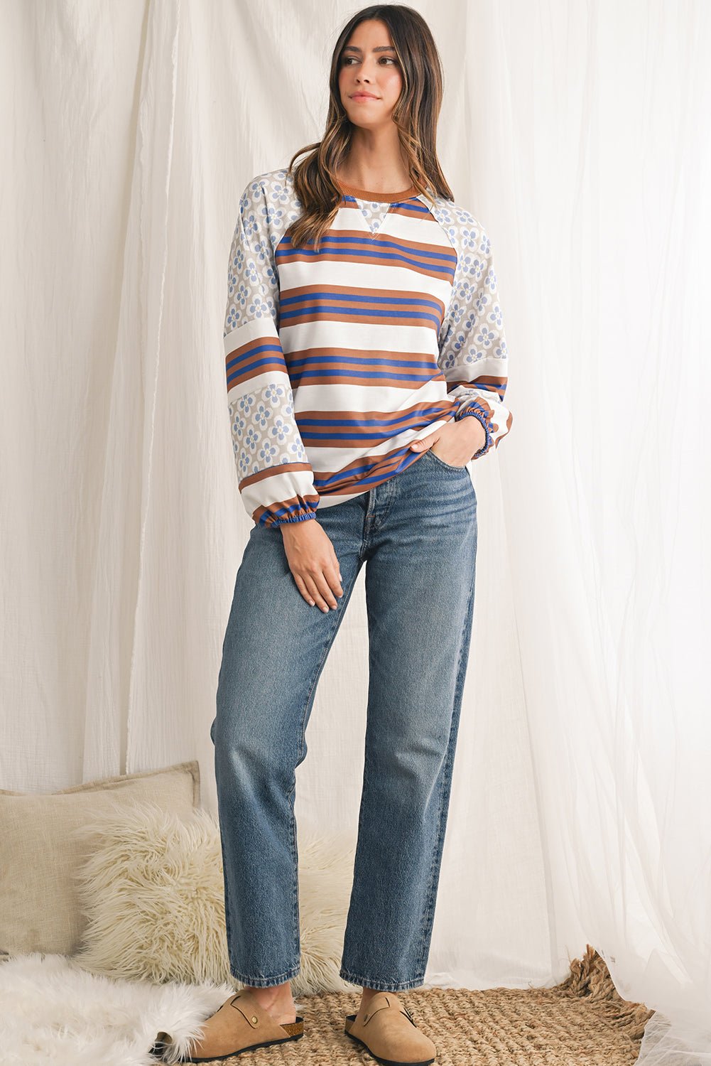 White Striped Floral Patchwork Lantern Sleeve Top - MAD RUFFI