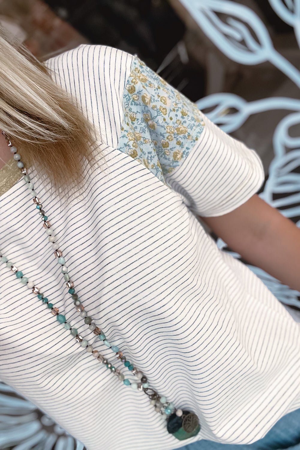 White Striped Floral Patchwork Sleeves Contrast Round Neck T Shirt - MAD RUFFI