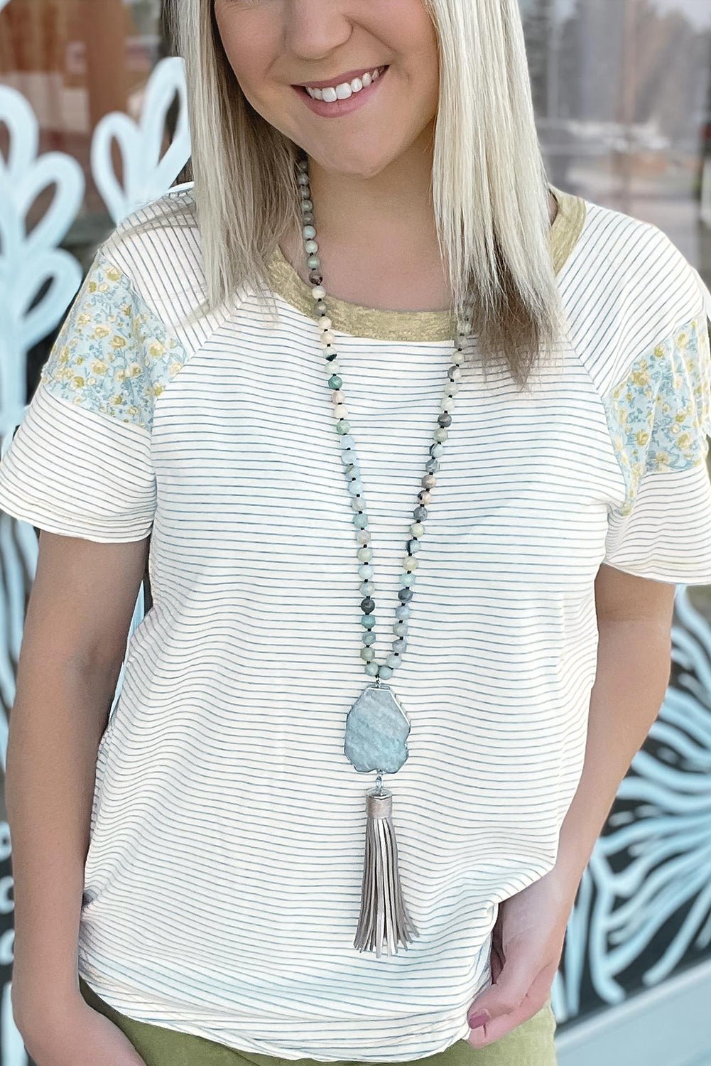 White Striped Floral Patchwork Sleeves Contrast Round Neck T Shirt - MAD RUFFI