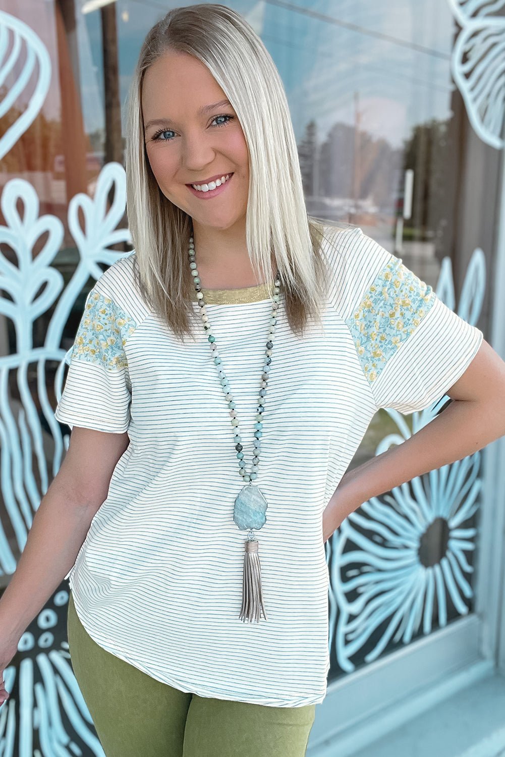 White Striped Floral Patchwork Sleeves Contrast Round Neck T Shirt - MAD RUFFI