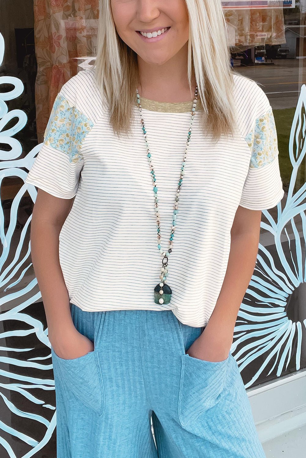 White Striped Floral Patchwork Sleeves Contrast Round Neck T Shirt - MAD RUFFI