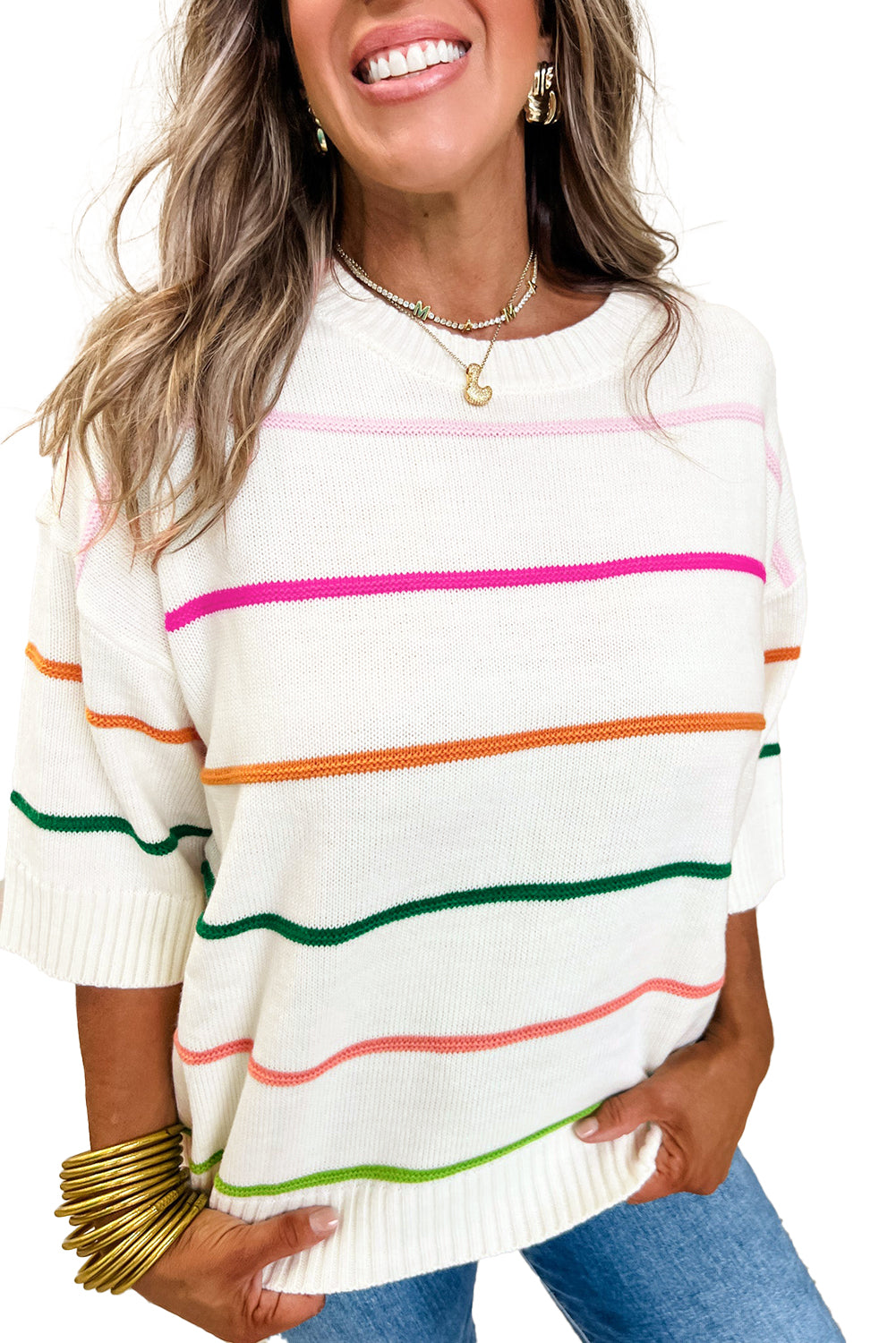 White Striped Half Sleeve Drop Shoulder Sweater - MAD RUFFI