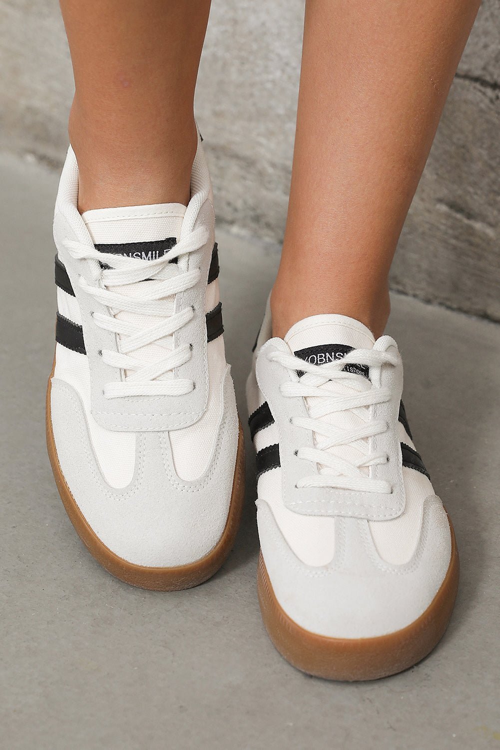 White Striped Lace Up Flat Sneakers - MAD RUFFI