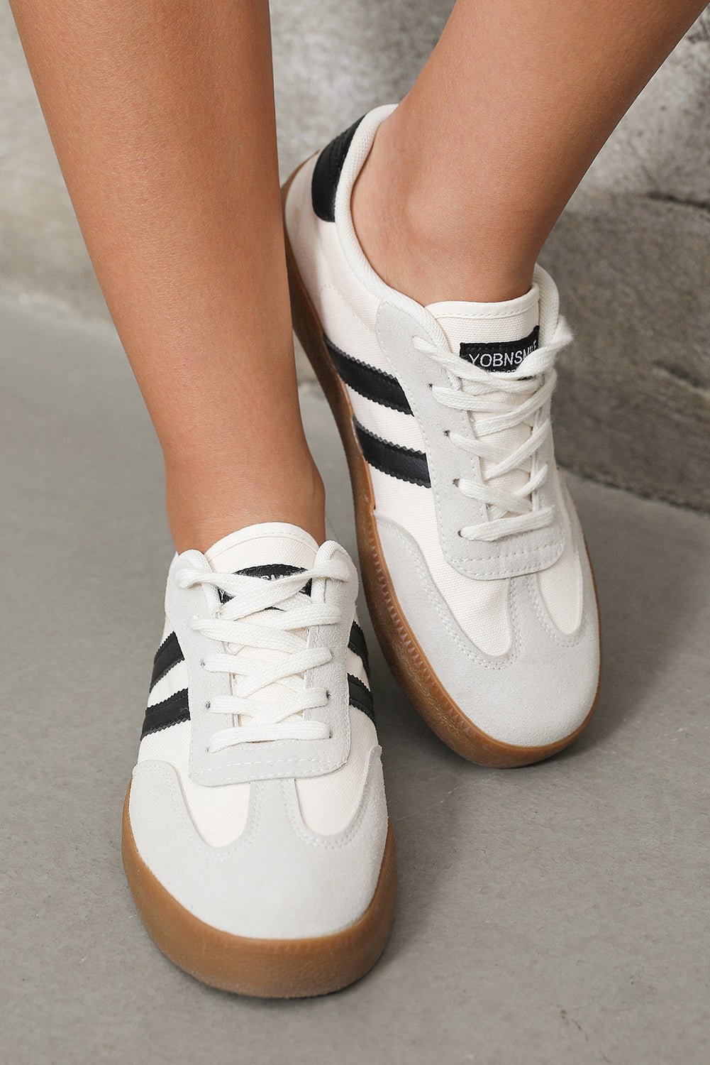 White Striped Lace Up Flat Sneakers - MAD RUFFI