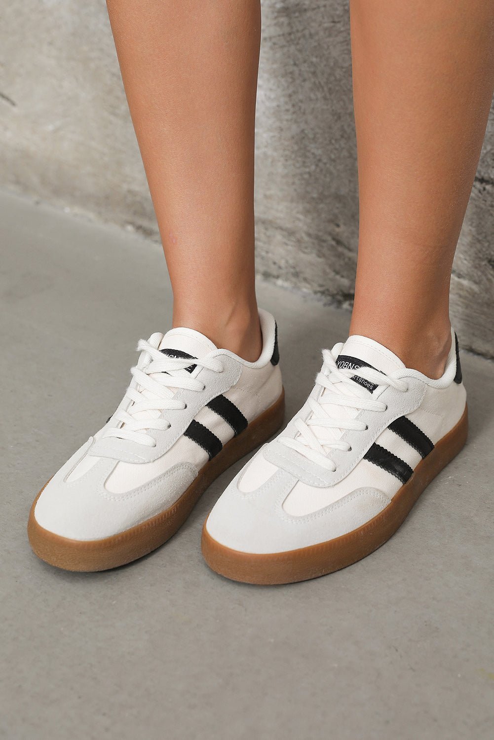 White Striped Lace Up Flat Sneakers - MAD RUFFI