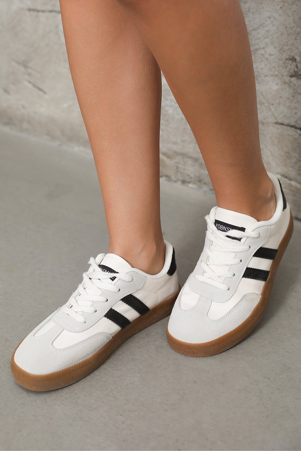 White Striped Lace Up Flat Sneakers - MAD RUFFI