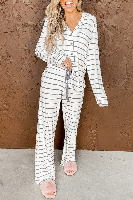 White Striped Print Long Sleeve Top & Drawstring Pants Pajamas Set - MAD RUFFI