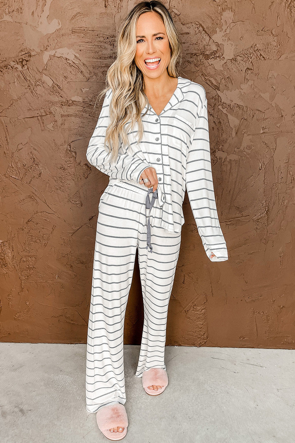 White Striped Print Long Sleeve Top & Drawstring Pants Pajamas Set - MAD RUFFI