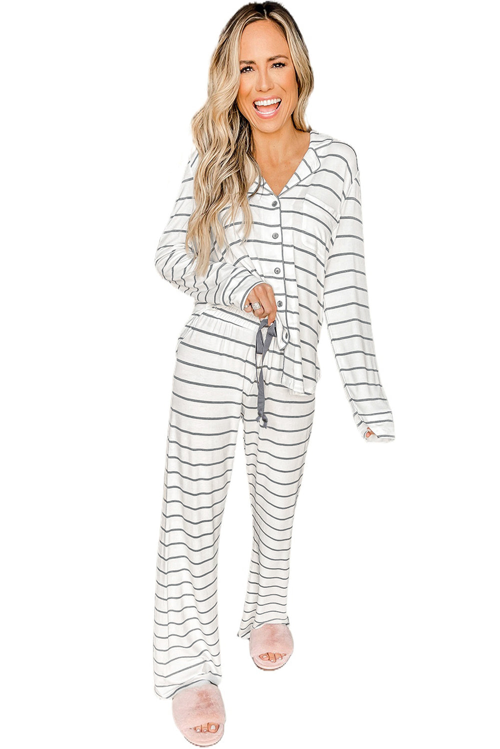 White Striped Print Long Sleeve Top & Drawstring Pants Pajamas Set - MAD RUFFI