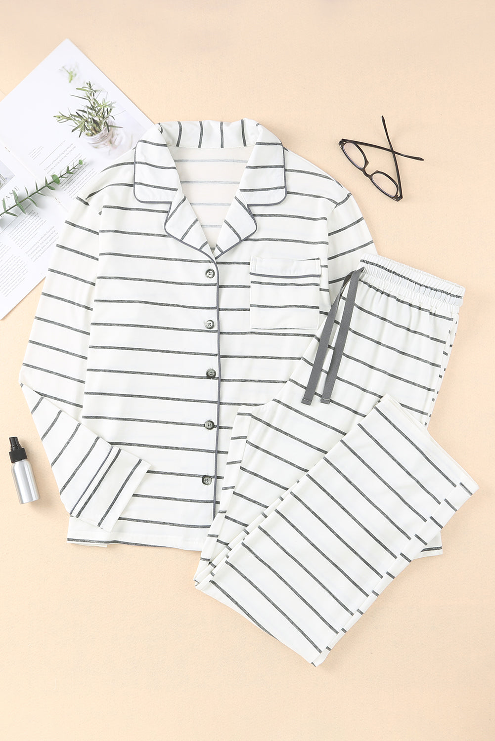 White Striped Print Long Sleeve Top & Drawstring Pants Pajamas Set - MAD RUFFI