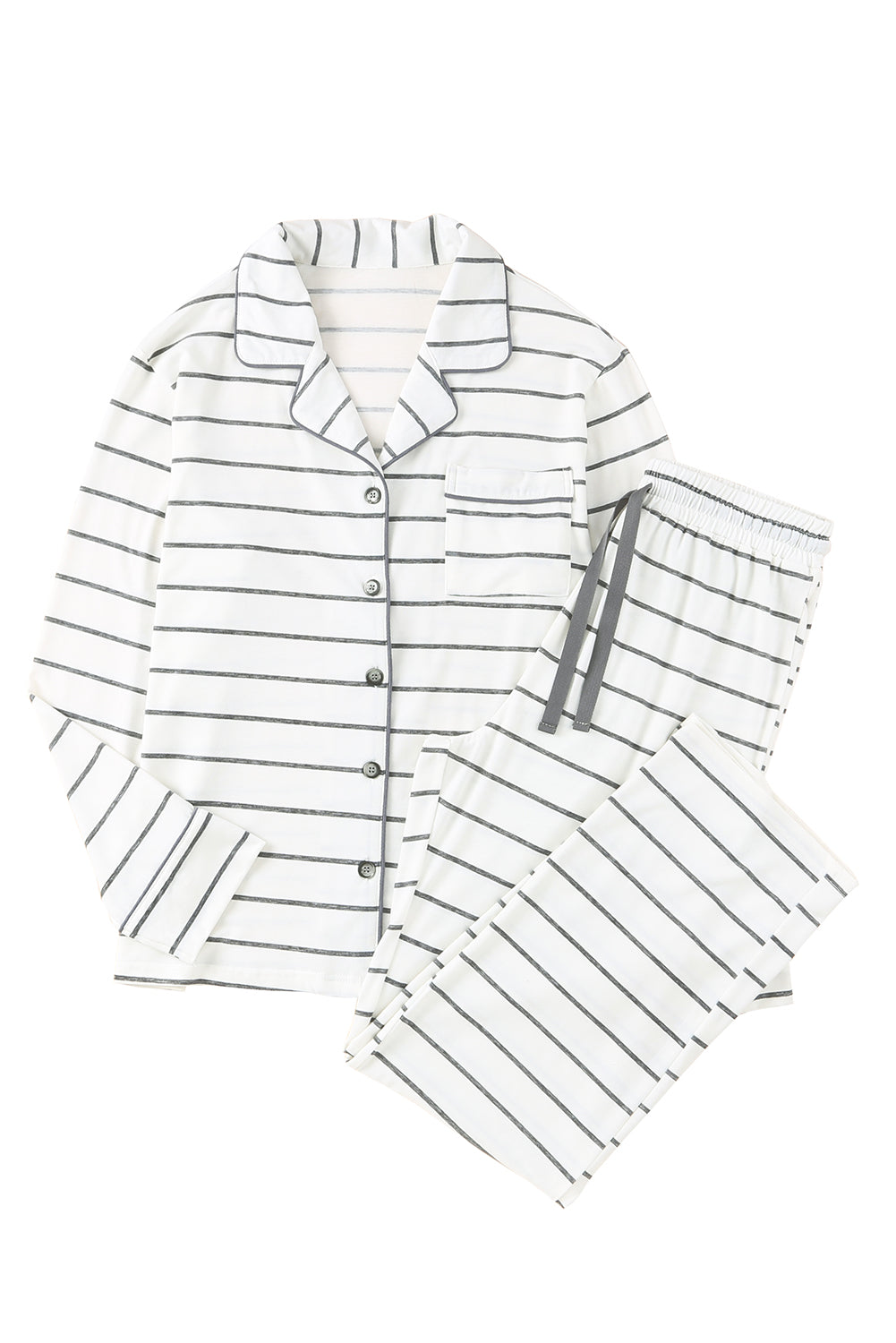 White Striped Print Long Sleeve Top & Drawstring Pants Pajamas Set - MAD RUFFI