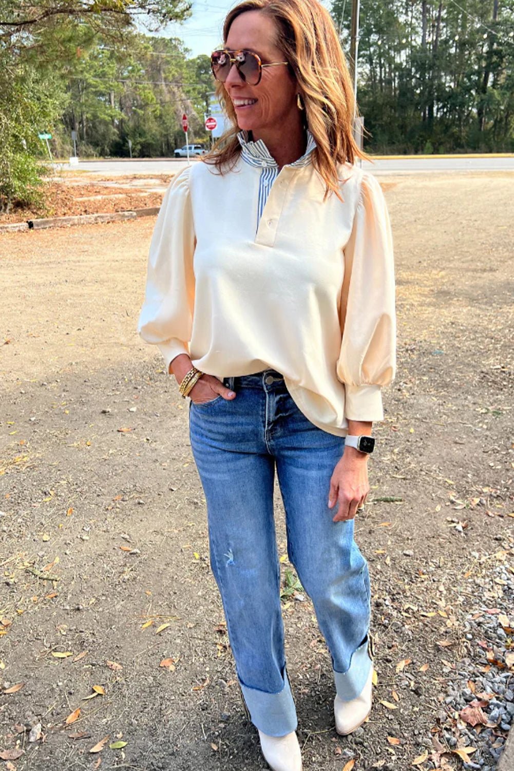 White Striped Ruffle Button Neck Pullover Sweatshirt - MAD RUFFI