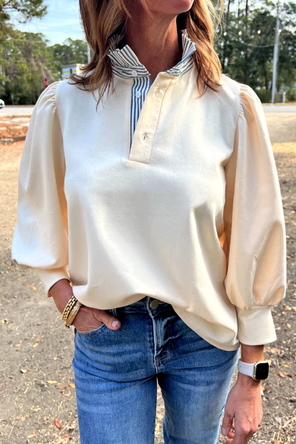 White Striped Ruffle Button Neck Pullover Sweatshirt - MAD RUFFI