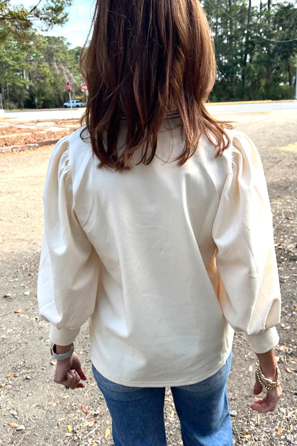 White Striped Ruffle Button Neck Pullover Sweatshirt - MAD RUFFI