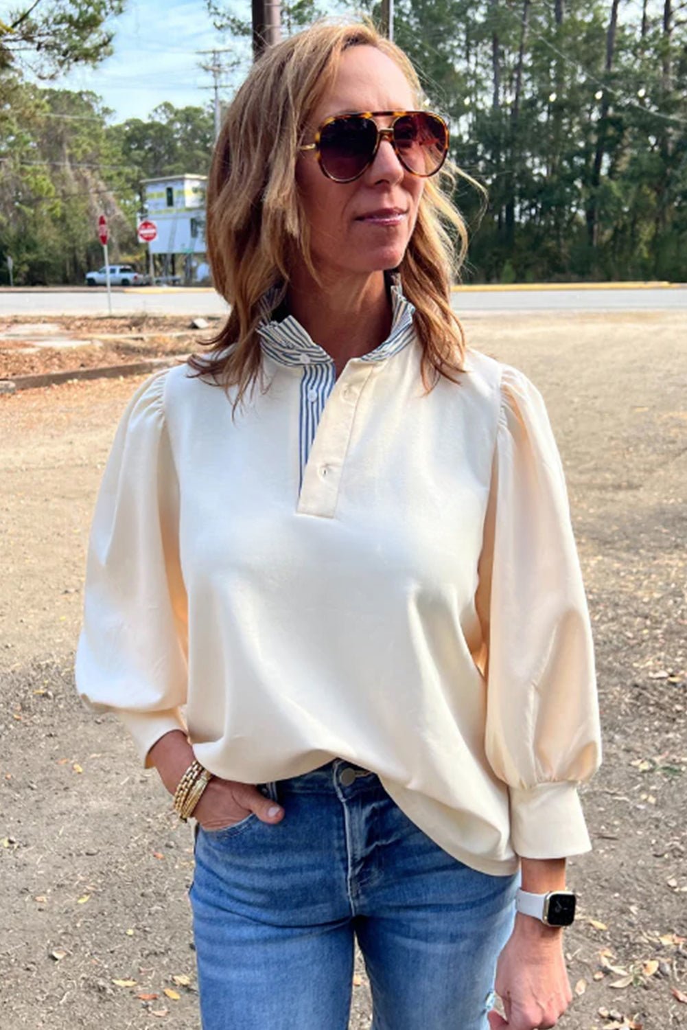 White Striped Ruffle Button Neck Pullover Sweatshirt - MAD RUFFI