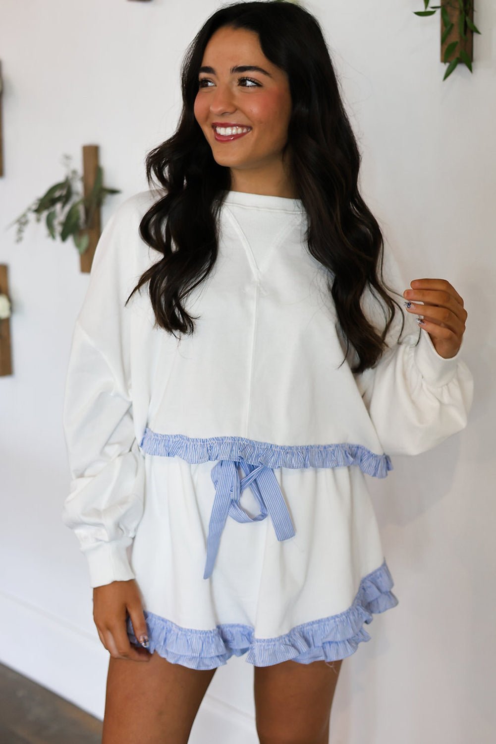 White Striped Ruffle Hem Long Sleeve Pullover and Shorts Set - MAD RUFFI