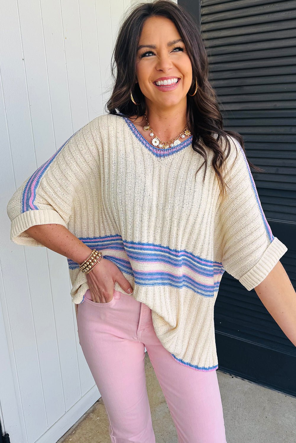White Striped V Neck Dolman Sleeve Knit Sweater - MAD RUFFI