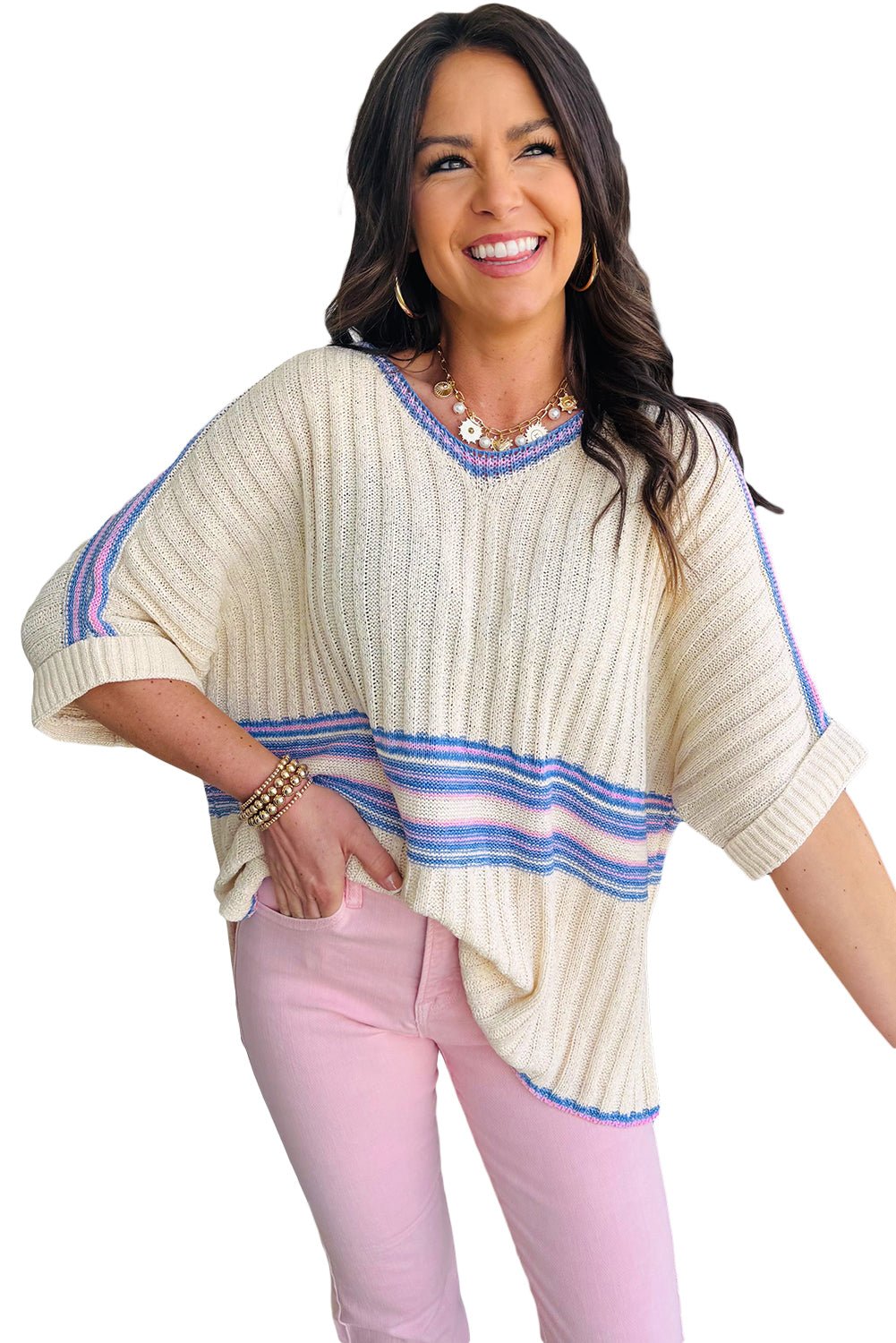White Striped V Neck Dolman Sleeve Knit Sweater - MAD RUFFI