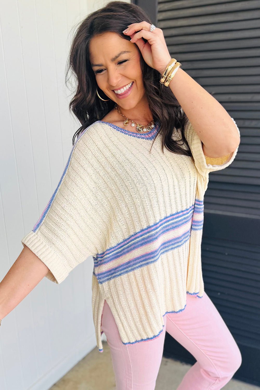White Striped V Neck Dolman Sleeve Knit Sweater - MAD RUFFI