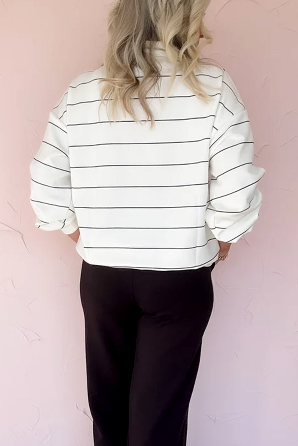 White Striped Zipper V - Neck Drop Sleeve Top - MAD RUFFI
