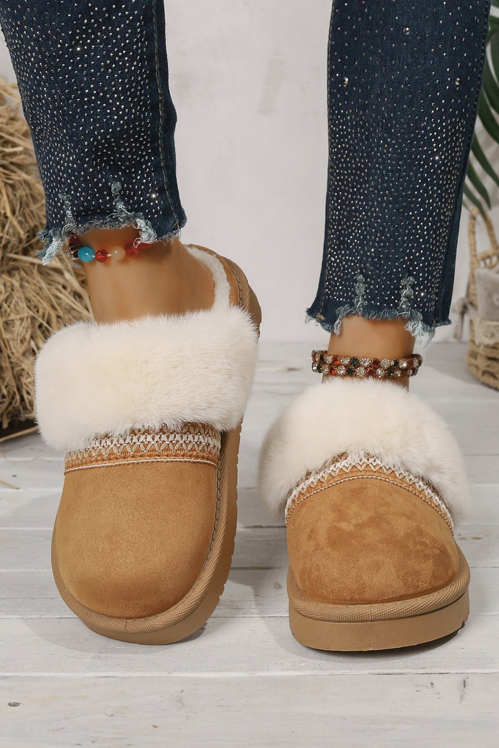 White Suede Fuzzy Winter Warm Platform Slippers - MAD RUFFI