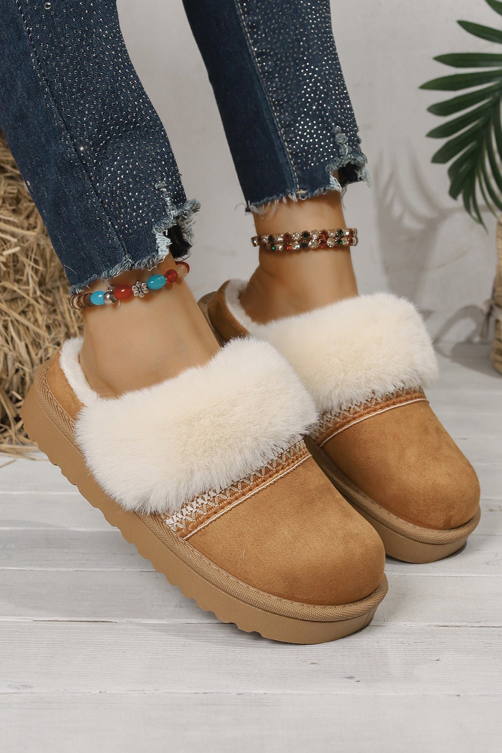 White Suede Fuzzy Winter Warm Platform Slippers - MAD RUFFI