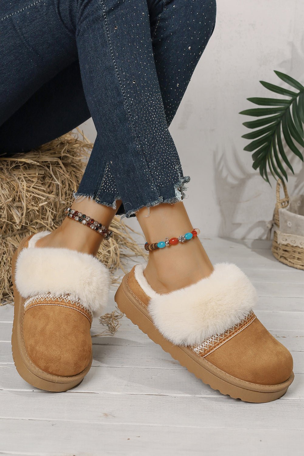 White Suede Fuzzy Winter Warm Platform Slippers - MAD RUFFI
