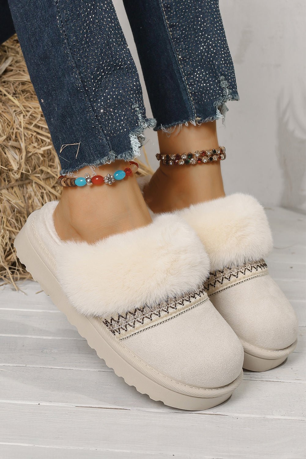 White Suede Fuzzy Winter Warm Platform Slippers - MAD RUFFI