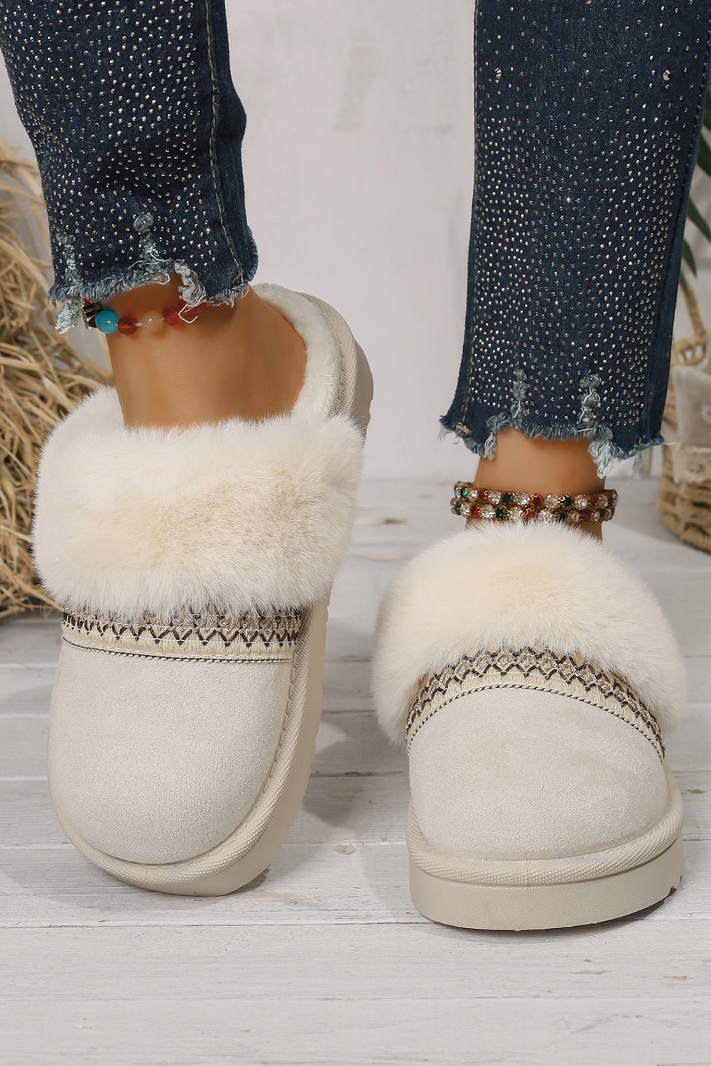 White Suede Fuzzy Winter Warm Platform Slippers - MAD RUFFI
