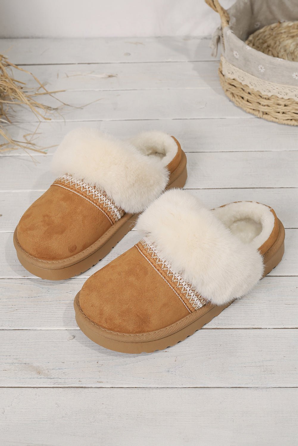 White Suede Fuzzy Winter Warm Platform Slippers - MAD RUFFI