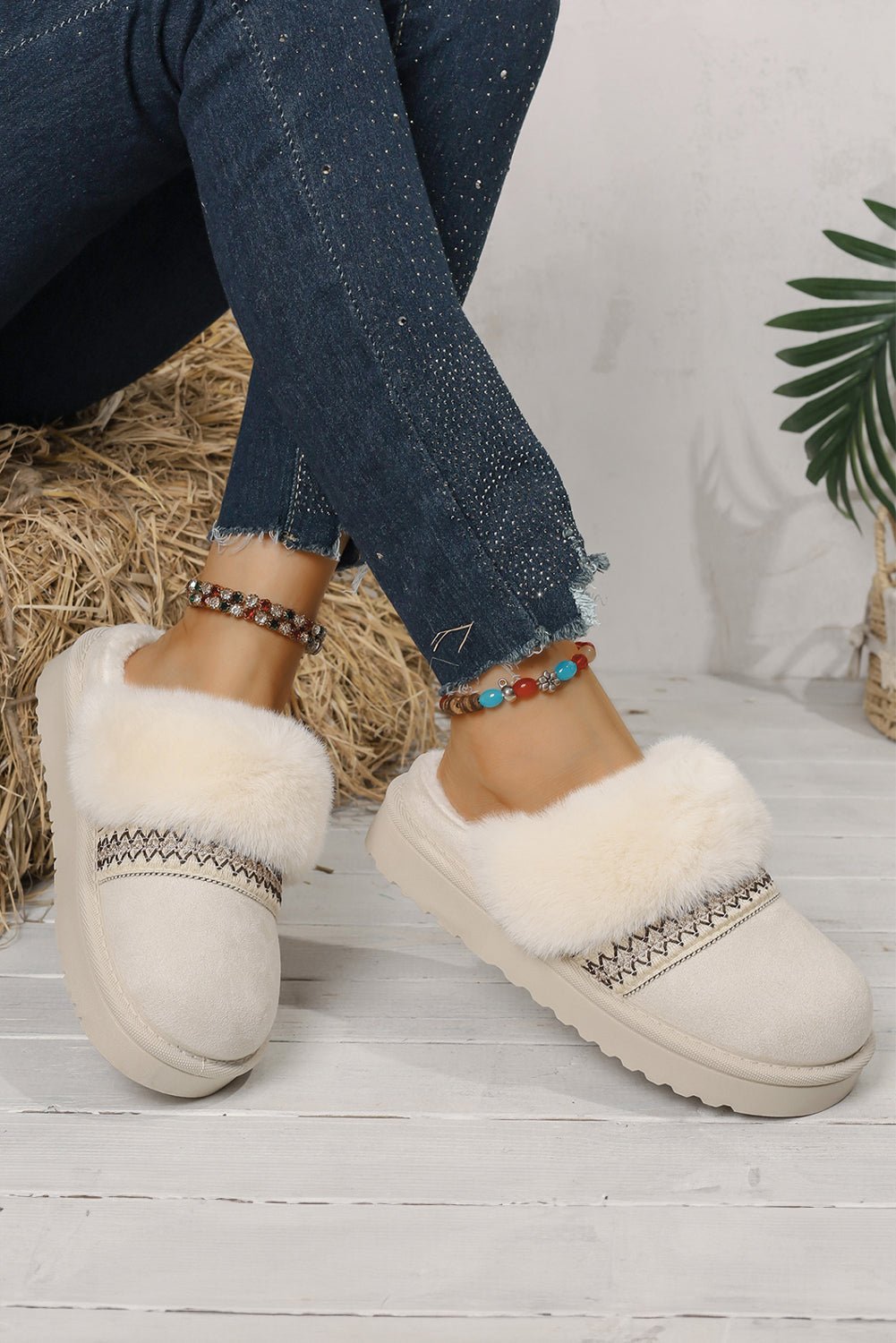 White Suede Fuzzy Winter Warm Platform Slippers - MAD RUFFI
